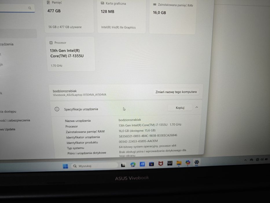 Laptop Asus Vivobook a1504 , i7 1335u, 16/512 jak nowy gwarancja