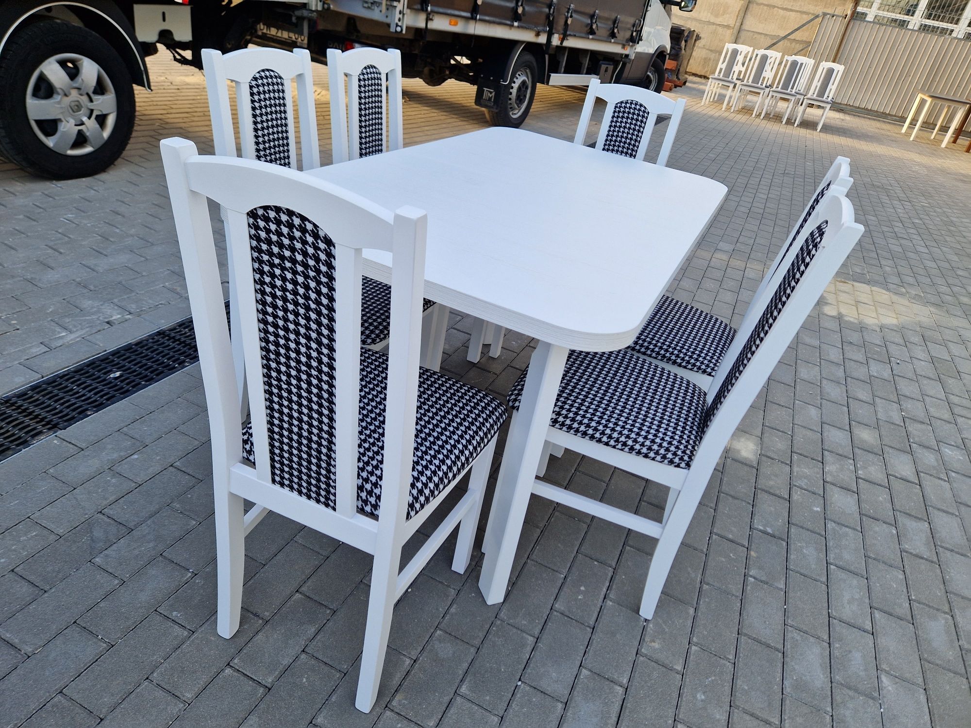 Stół + 6 krzeseł ,biały + pepitka czarno/biała  ,dostawa cała PL ,nowe
