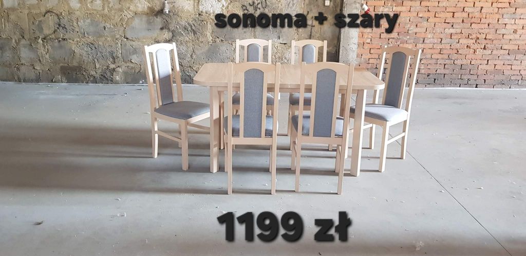 Nowe: Stół 80x140/180 + 6 krzeseł, sonoma + szary , dostawa cała PL