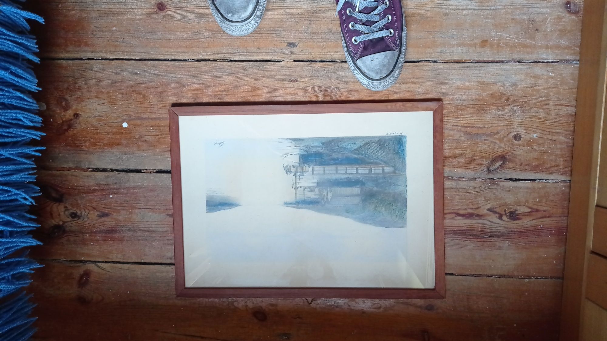 Obraz Grafika Gwasz Kredka Orginał port łódka morze sygnowany Norway