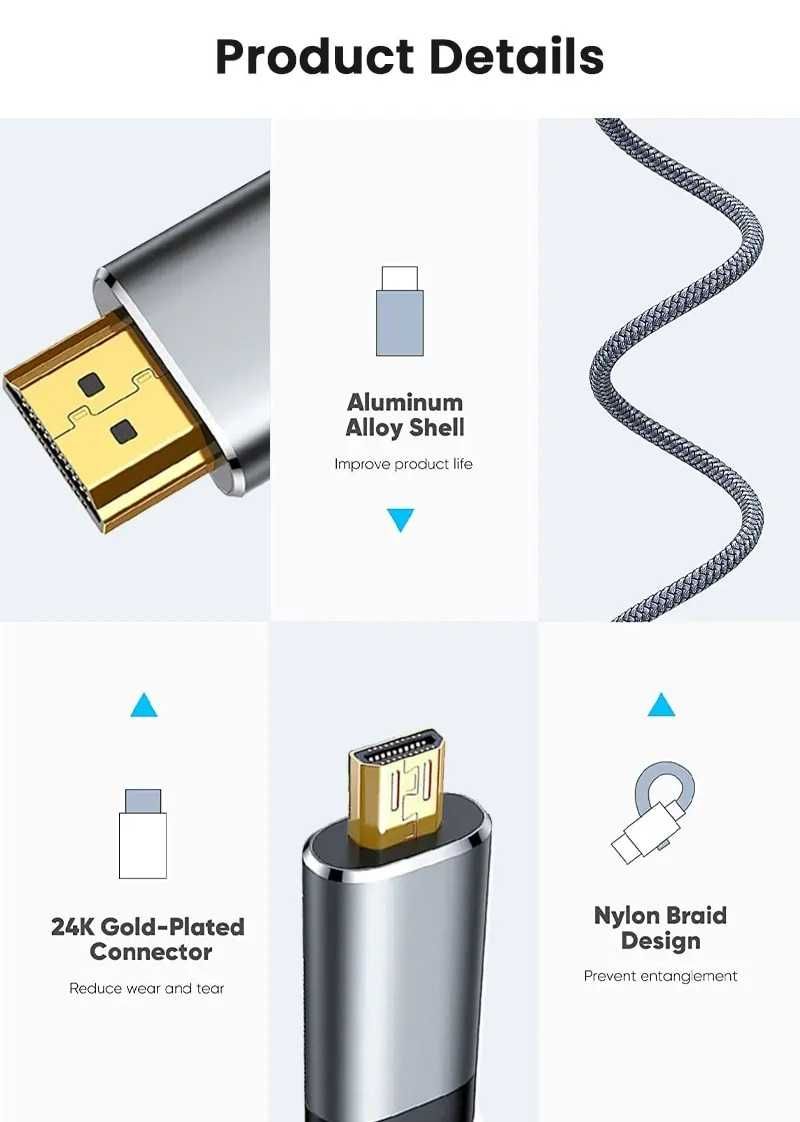 Кабель HDMI to Micro HDMI v2.0 4K 1 метр/2 метра Grey UltraHD HDR