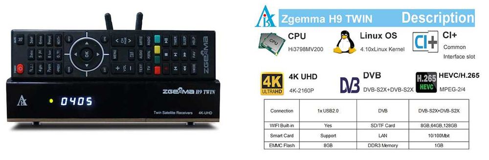 Zgemma H9 Twin V.2 4K 2xDVB-S2X IPTV ENIGMA2 CCcam Oscam WI-FI GW-12M