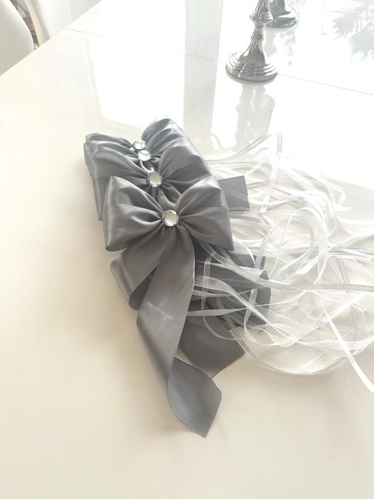 Kokardy na klamki Auta 4 szt. Dekoracje ślubne na samochód Szare