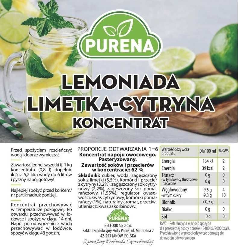 PURENA Lemoniada limetka-cytryna koncentrat 6l/1kg