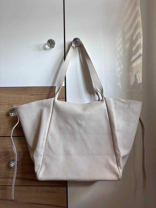 Torebka Damska 2w1 - Kremowa - Skóra Naturalna