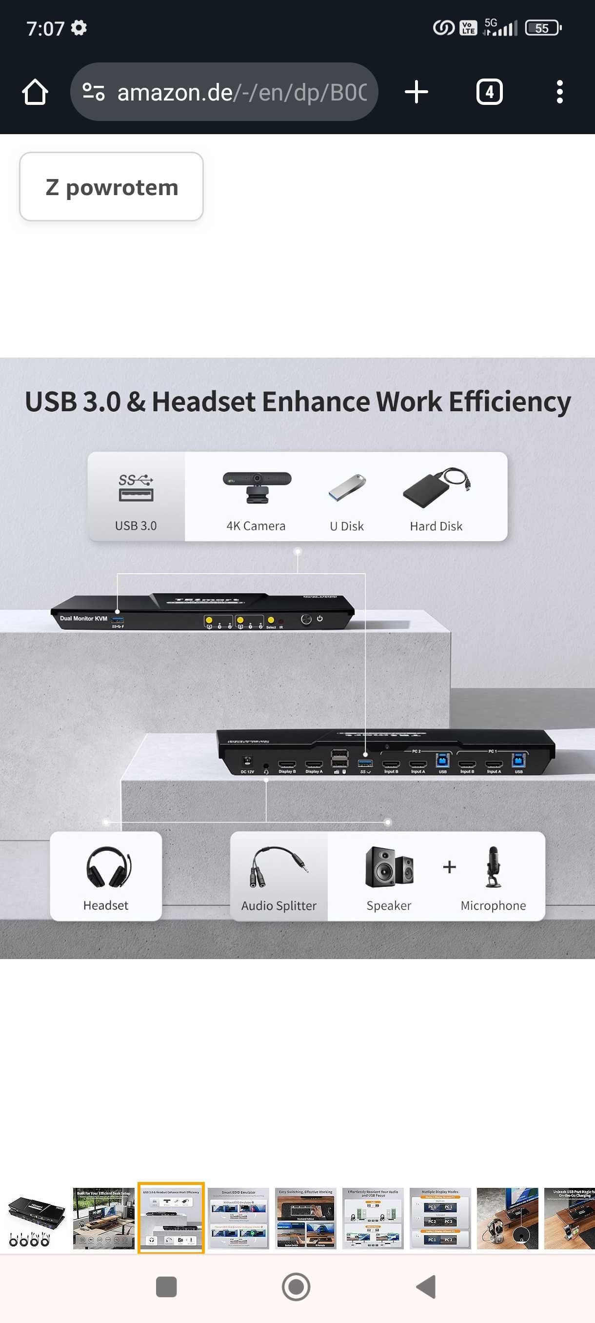 TESmart USB 3.0 Przełącznik HDMI KVM 2 monitory, 2 komputery PC