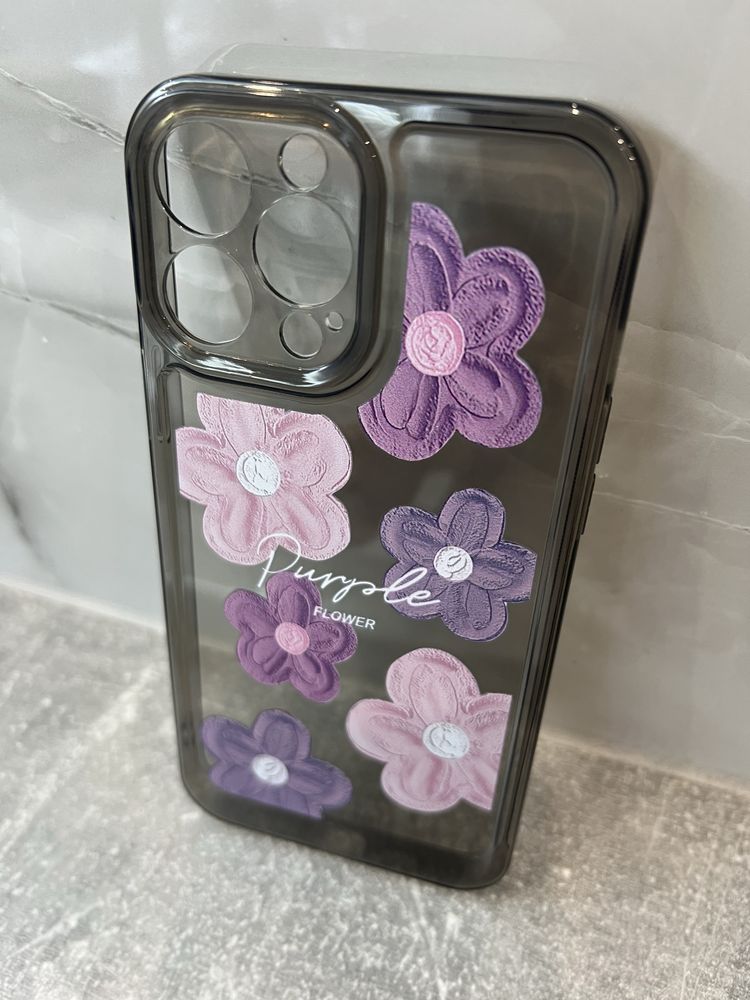 Case etui iPhone 13 pro max ochrona aparatu szary kwiaty purple