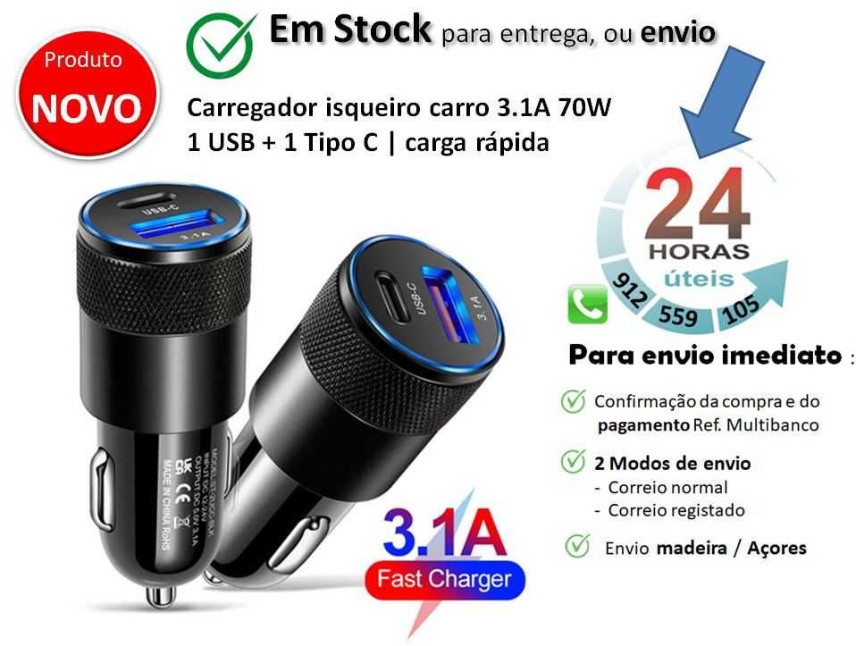 Carregador isqueiro carro | 1 USB + 1 Tipo C | 3.1A 70W carga rápida