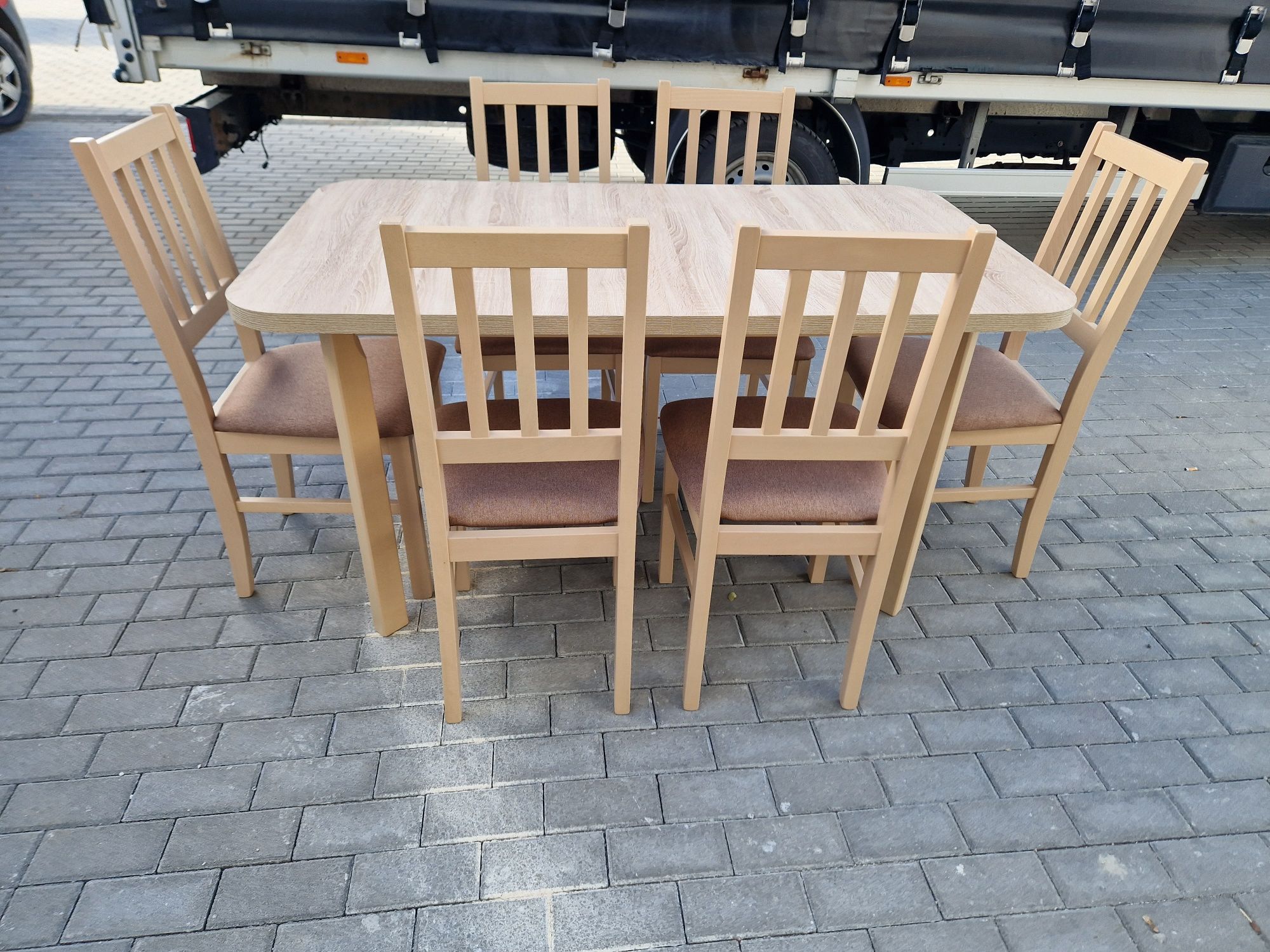 Nowe: Stół 80x140/180 + 6 krzeseł, sonoma + jasny brąz, trans PL