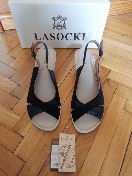 Lasocki - sandały na koturnie rozm. 39 szyte ręcznie skóra nowe