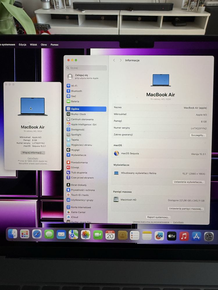 Macbook Air 15 M3 8/256gb Jak Nowy Bateria 37 cykli