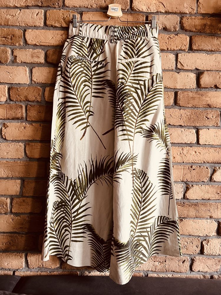 Szerokie damskie lniane spodnie z tropikalnym wzorem rozmiar 38 M L