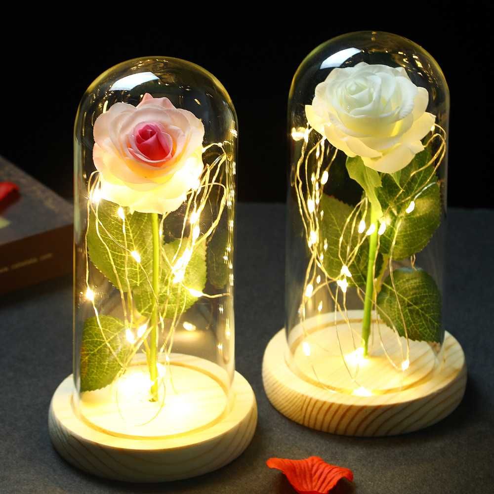 Piękna Róża w Szklanej Kopule z Oświetleniem Na Dzień Matki +BATERIE