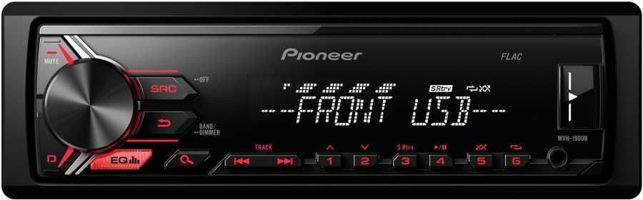 radio Pioneer MVH-190UB AUX USB czerwone / zielone, opcja bluetooth