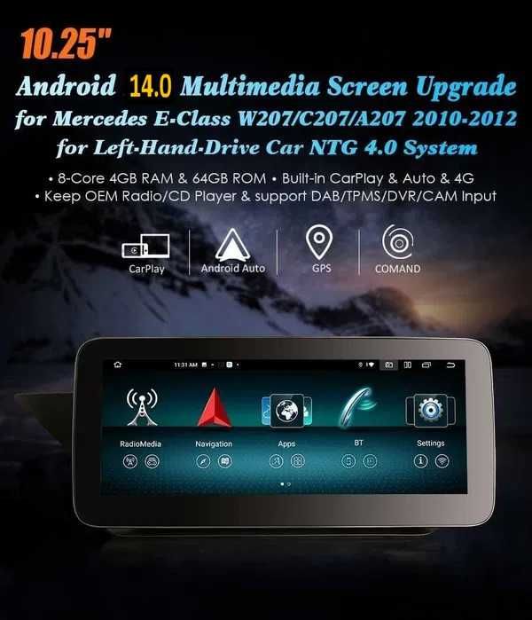 Auto Rádio  Android 14 Classe B W246 e Classe E W207 12.3" (2 Portas)