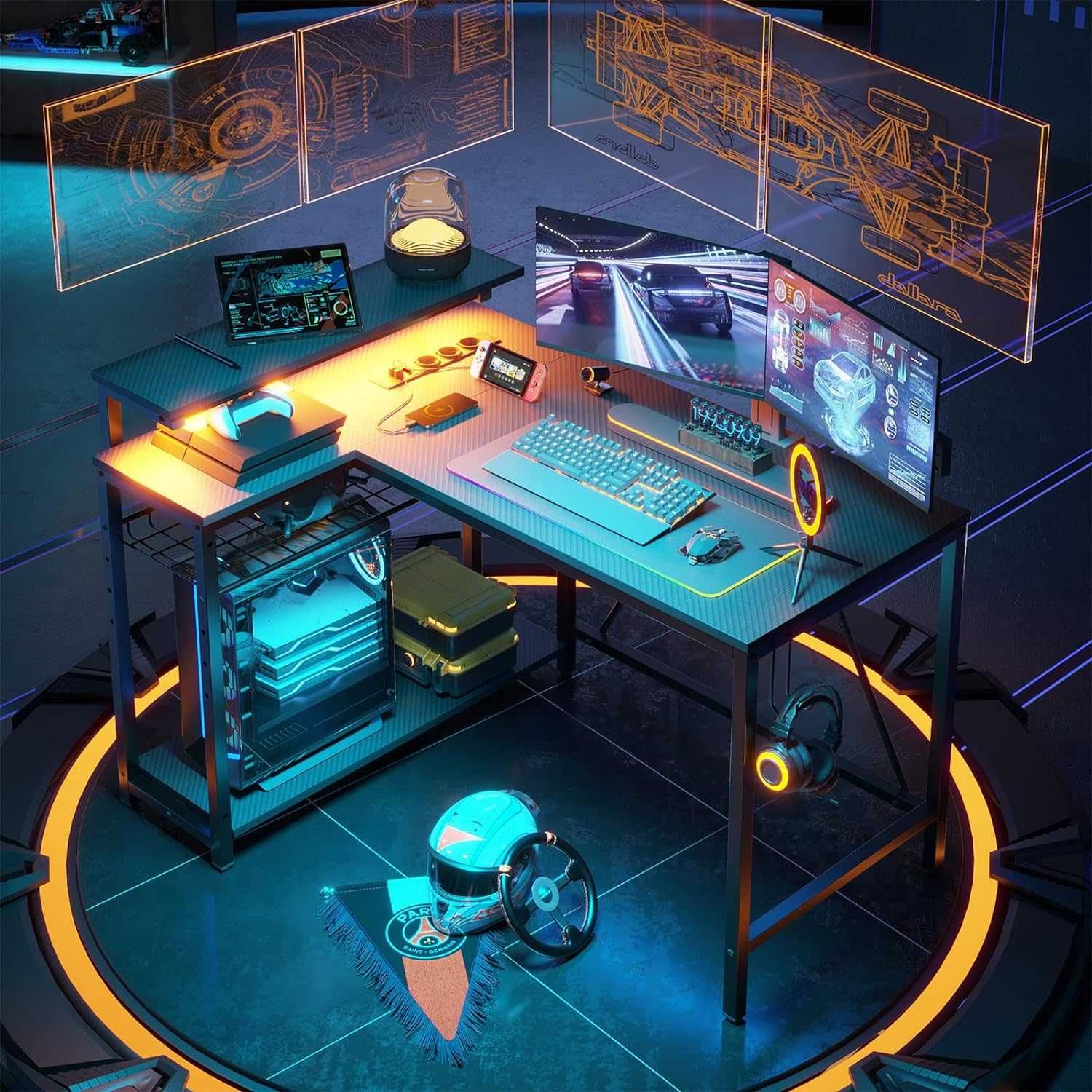 Mesa de gaming secretária preto fibra carbono   3 tamanhos/LED/tomadas
