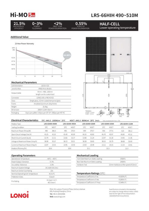 Panele fotowoltaiczne LONGI 495W srebrna rama  2094x1134x35mm