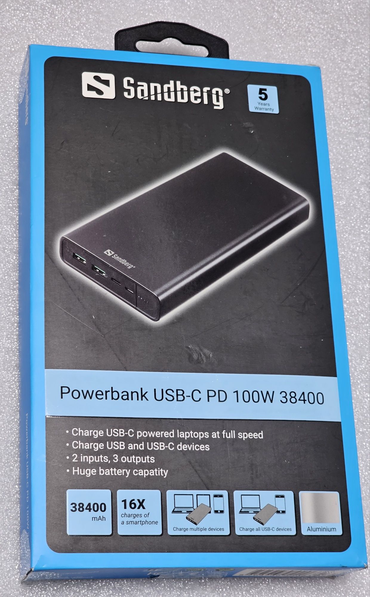 PowerBank Sandberg USB-C PD 100W 38400mAh.