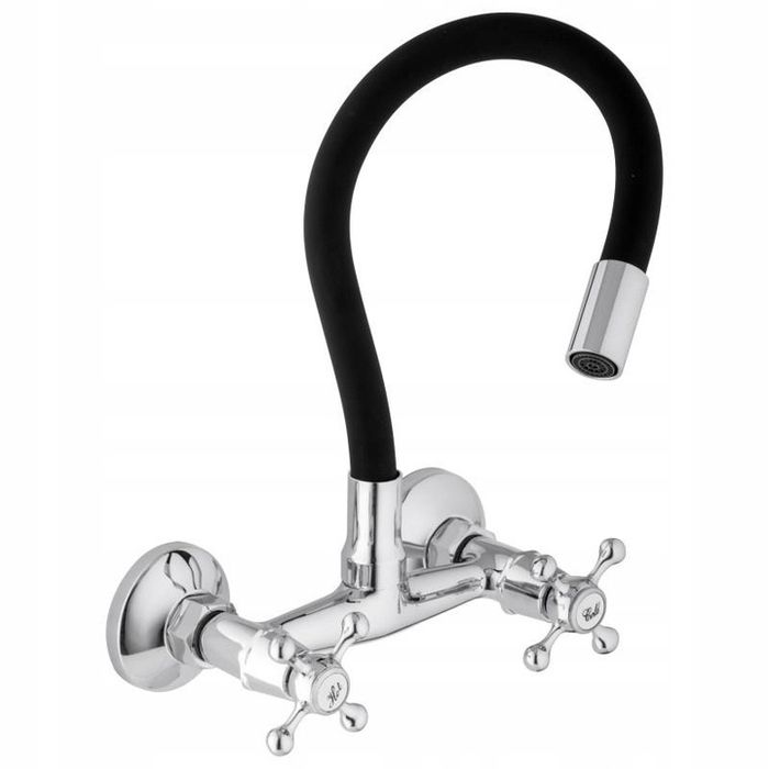 Bateria Kuchenna Ścienna Elastyczna Wylewka Kran Czarny Retro Gumowa