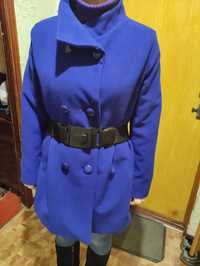 Демисезонное женское пальто зима осень синие с поясом размер 46