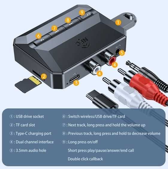 Т59 Bluetooth 5.3 Receiver NFC 3.5mm AUX RCA R/L USB U-Disk/TF Card