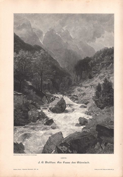 Steffan: Pejzaż Góry Alpy. Drzeworyt ilustracyjny 1897 r. oryginał
