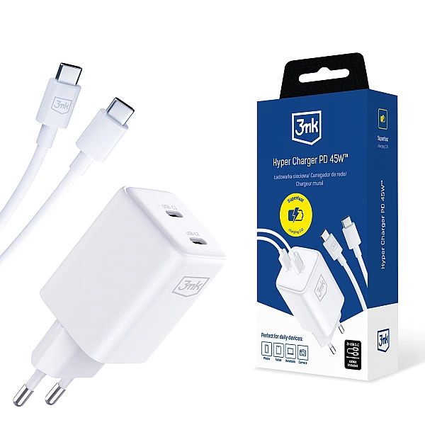 Ładowarka sieciowa 3mk Hyper Charger PD GaN 45W z kablem USB-C - biała