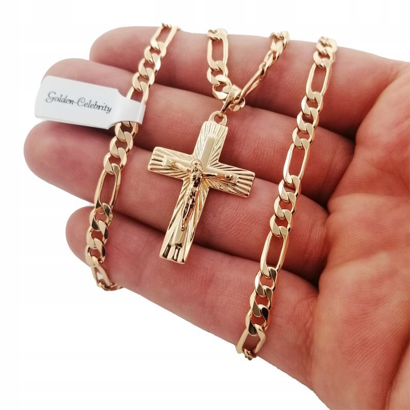 Złoty Łańcuszek Figaro 55cm 6mm Z Krzyżykiem Stal Chirurgiczna 18k Pre