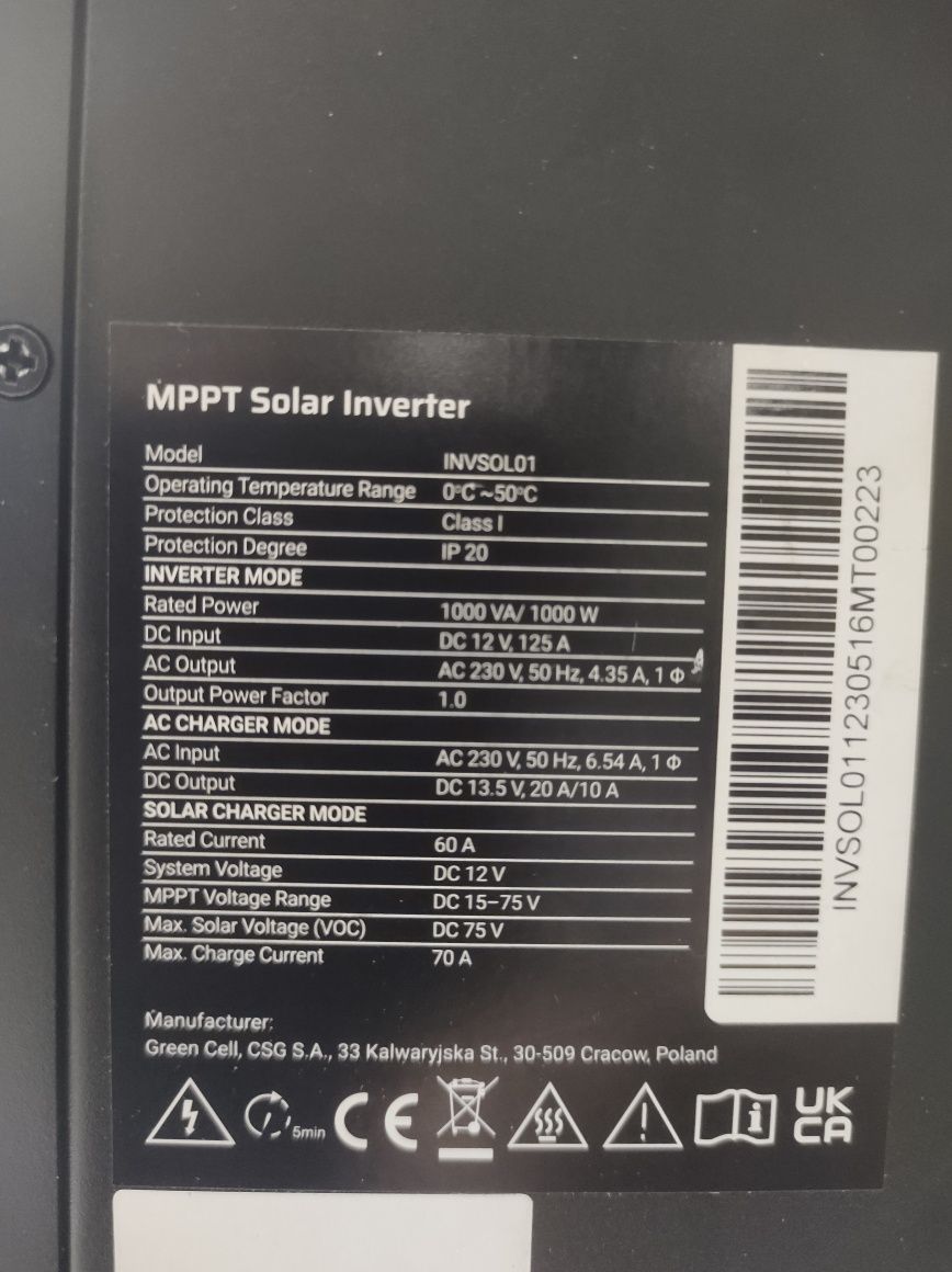 GreenCell INV001 hybrydowy inverter solarny MPPT pełen sinus 1000W 12V