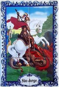 Painel de Azulejos SÃO JORGE Quadro 45x30CM Imagem espada dragão Santo