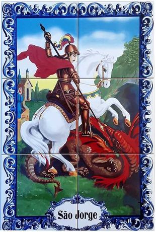 Painel de Azulejos SÃO JORGE Quadro 45x30CM Imagem espada dragão Santo