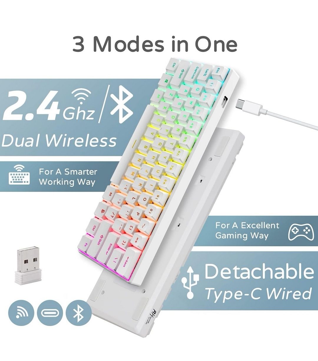 RK61 Klawiatura Mechaniczna RGB BT 2.4G USB Nowa Biały RK