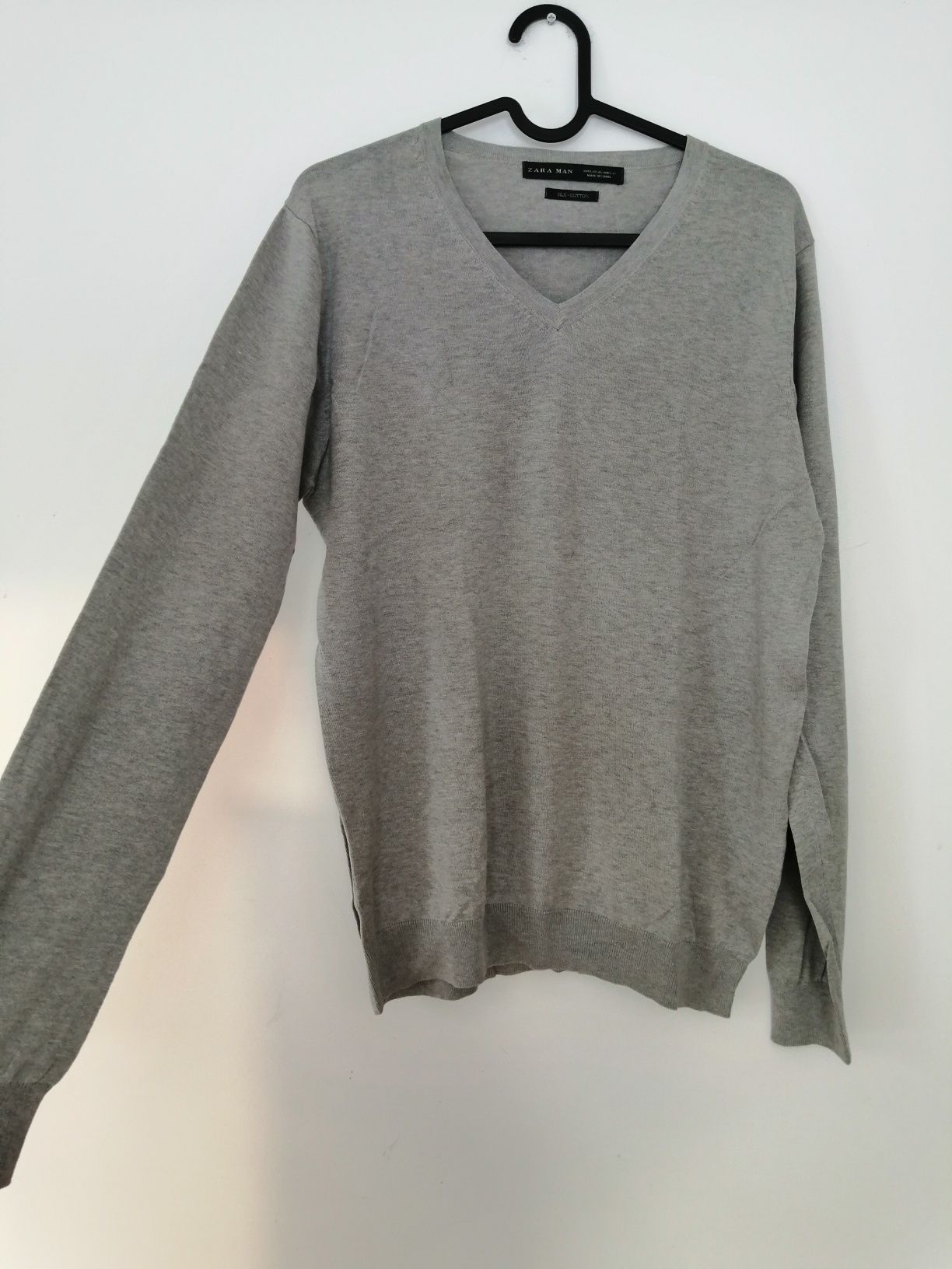 Szary męski cienki sweter jadwab bawełna dopasowany Zara Man, rozmiar
