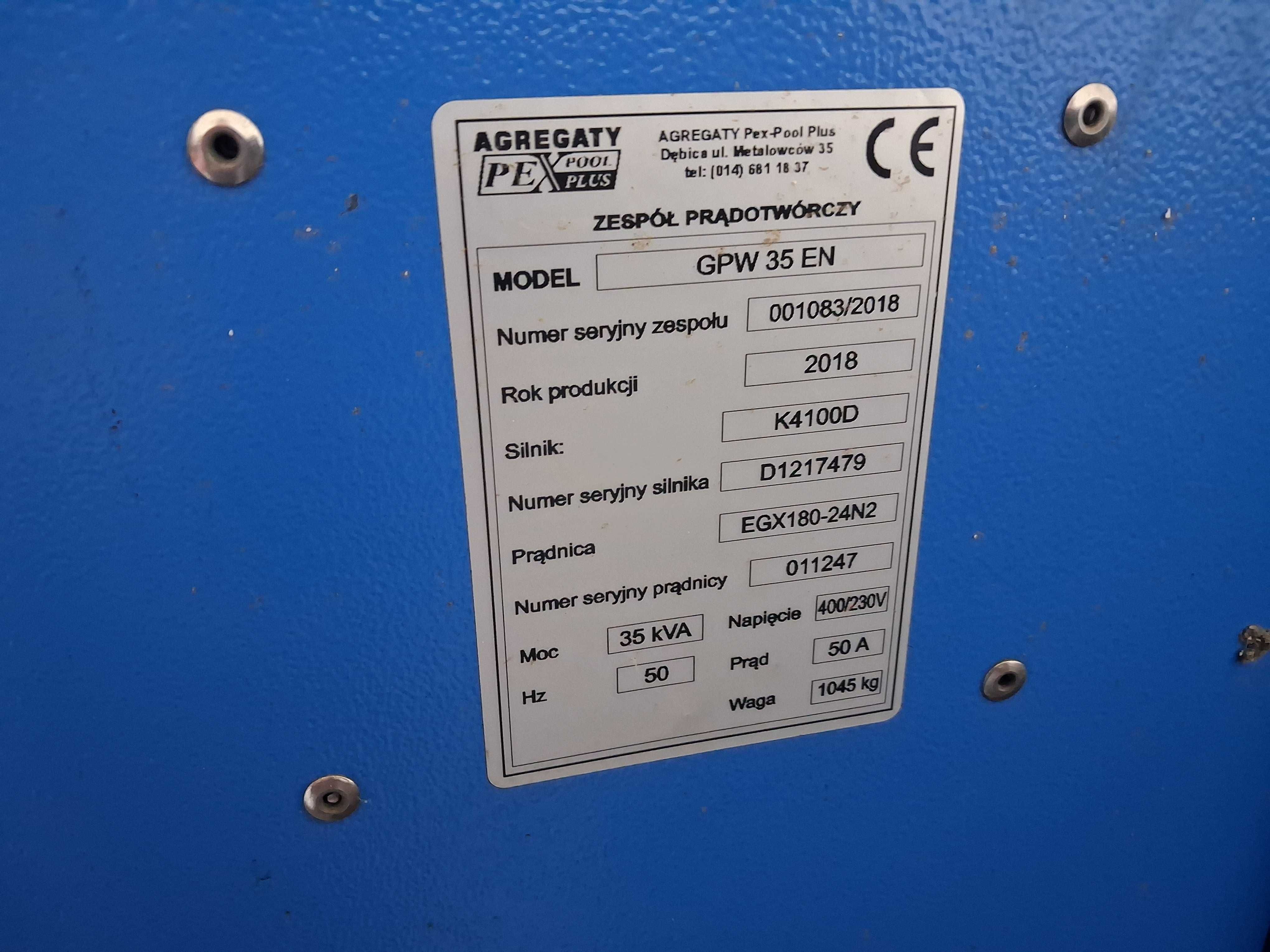 Agregat prądotwórczy PEX Pool 35kVA 33KW rok 2018 32godzin roboczych