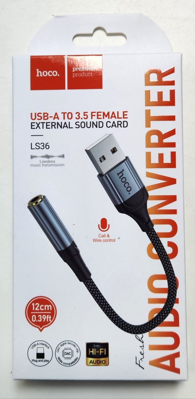 Аудіо-перехідник Hoco LS36 Fresh Digital M-F USB -> AUX 3.5 mm Black