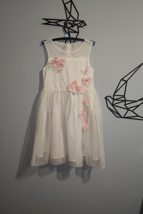 Elegancka sukienka ecru z kwiatkami H&M 128