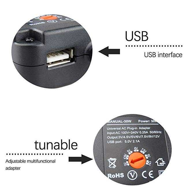 Универсальный блок питания MANUAL-30W 3-12V 3,1A с переходниками + USB