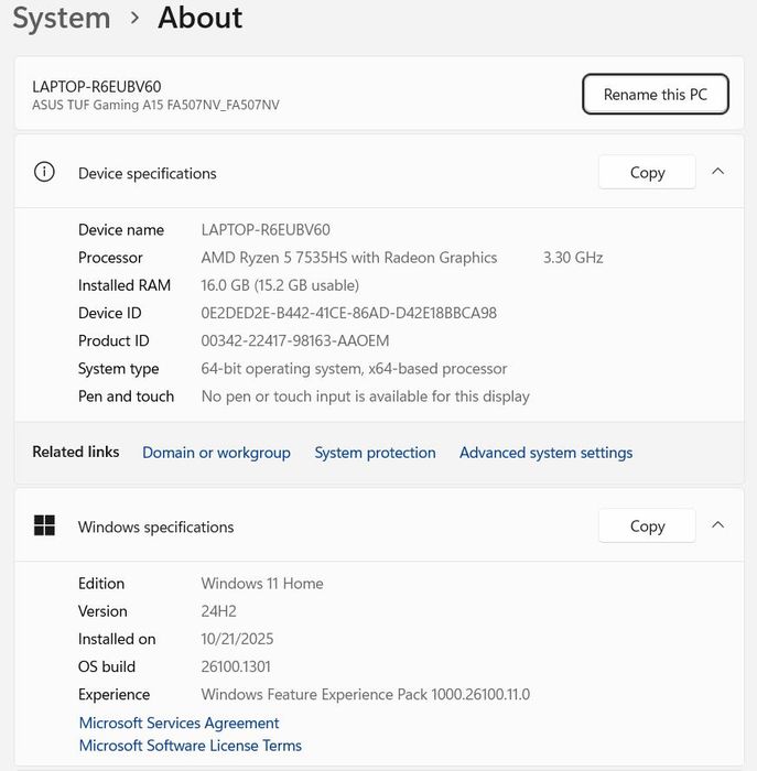 ASUS TUF A15 FA507NV Ryzen 7535HS /16 Ram/ 512/ 4060/ FHD 144 Hz