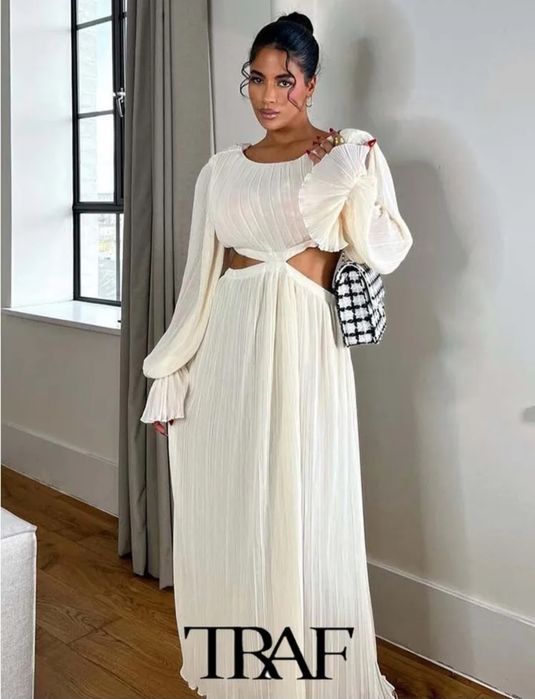 Zara Dress Traf 2023. Cintura recortada, alargamento de manga plissada