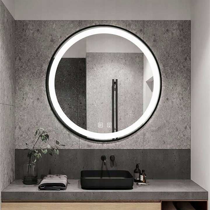 LUSTRO ŁAZIENKOWE OKRĄGŁE wiszące podświetlane led czarna rama 80CM