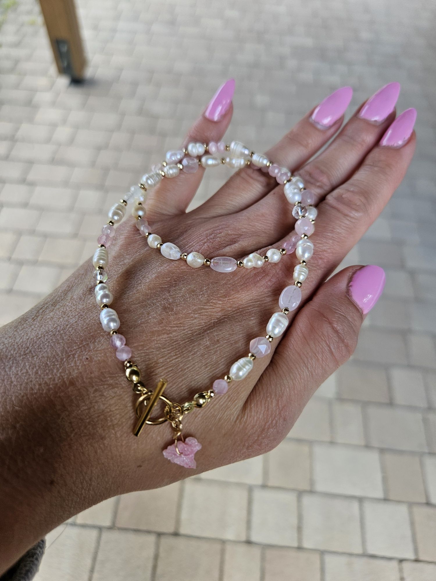 Naszyjnik Choker kamienie naturalne Perły Naturalne Kwarc Różowy Agat