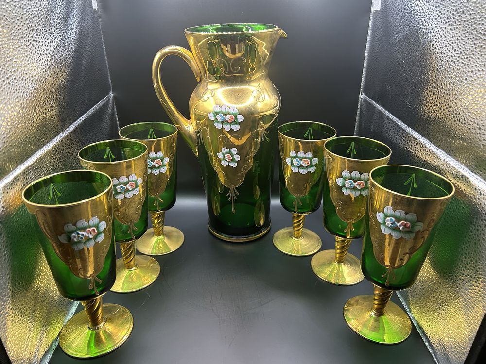 Jarro e copos Murano Barbini Original Verde Ouro 24K