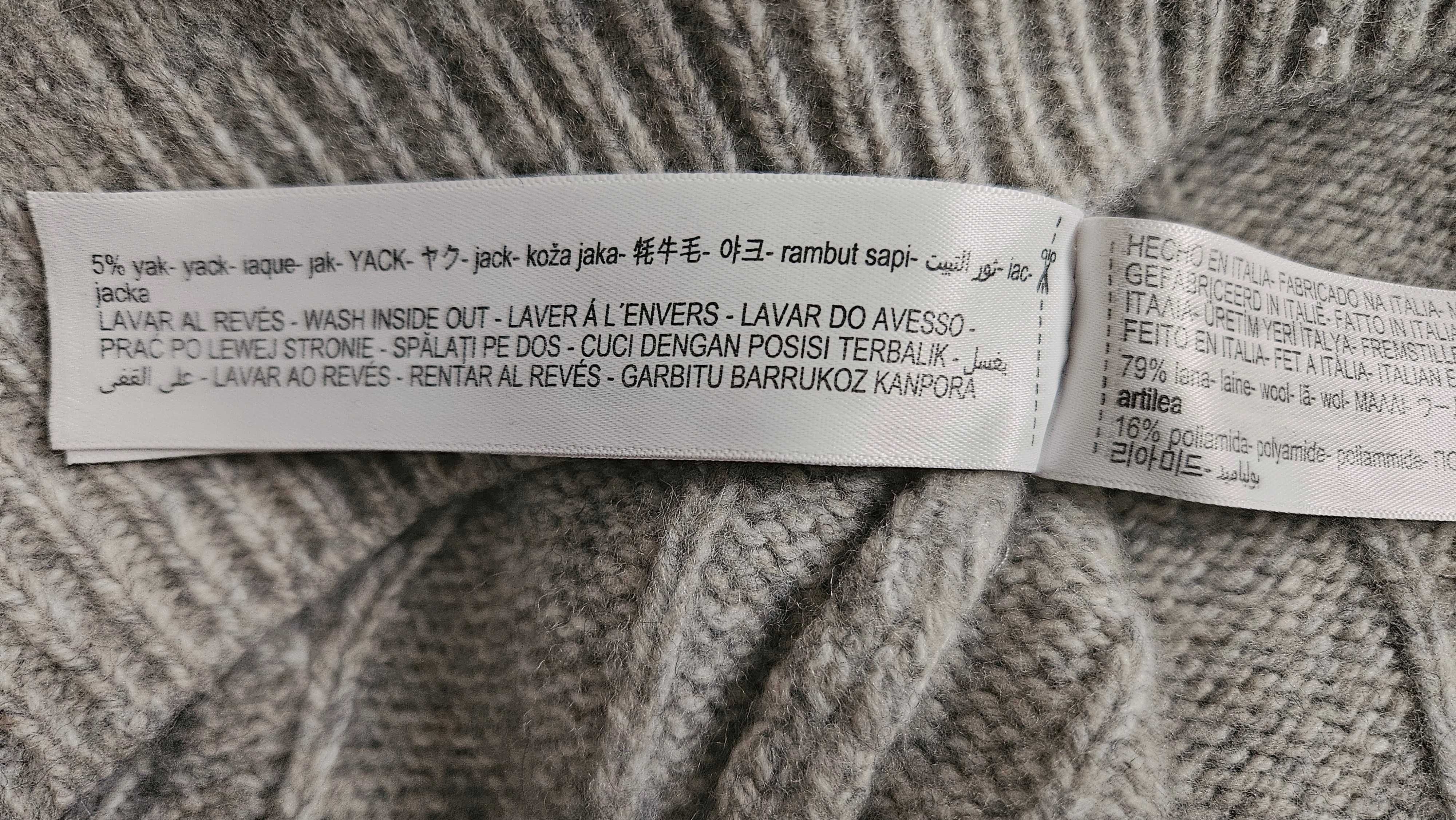 Gruby golf szarobeżowy Massimo Dutti M, wełna+wełna z jaka, małe wady