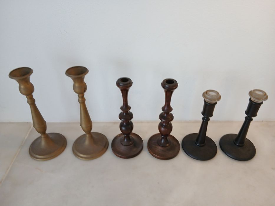 Castiçal latão madeira