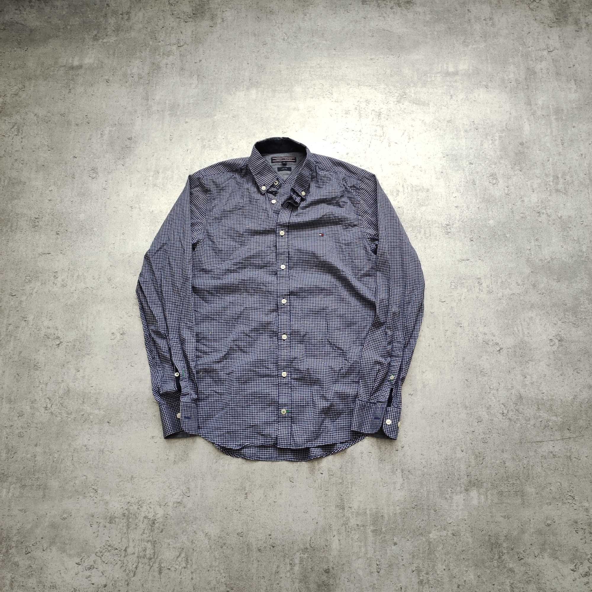 MĘSKA Elegancka Bawełna Koszula Kratka PREMIUM Granat Tommy Hilfiger