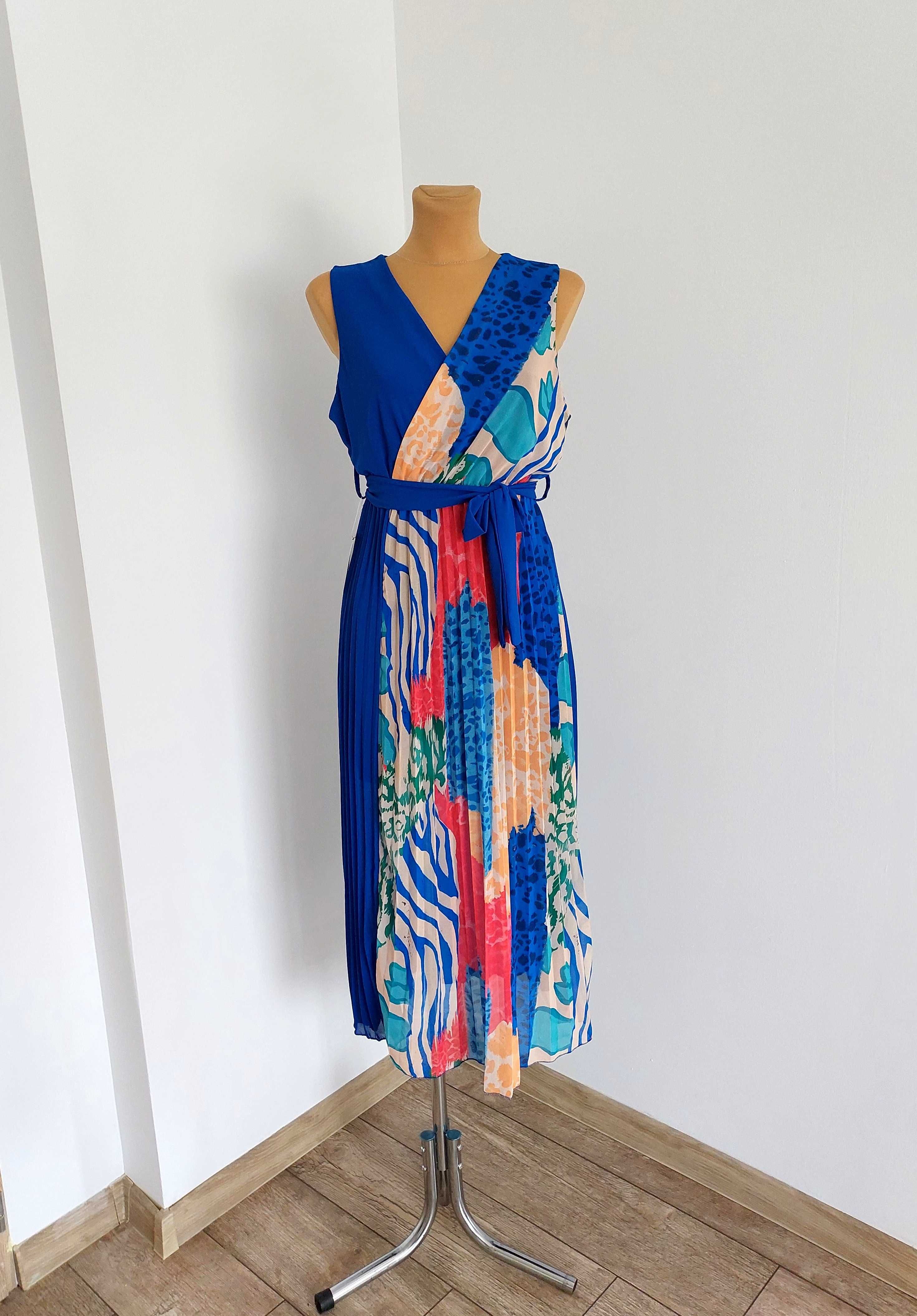 Elegancka Midi Wzorzysta Sukienka Z Paskiem Plisowany Dół Kobalt L 40