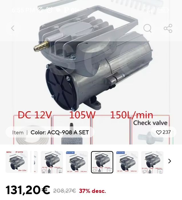 Compressor de aquário 150Lt/m 12v bomba de ar eletromagnética