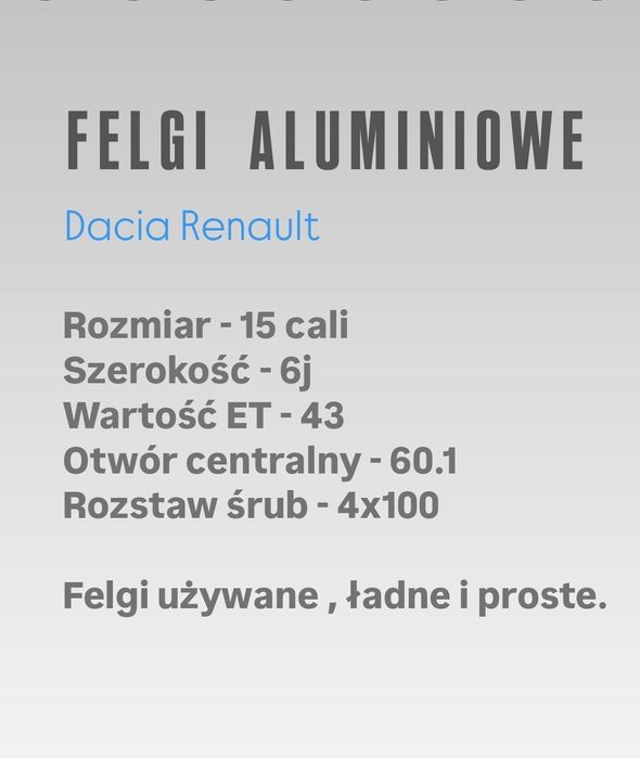 Felgi aluminiowe 4x100 Dacia 15 Sandero Logan Dokker Lodgy Stepway alu
