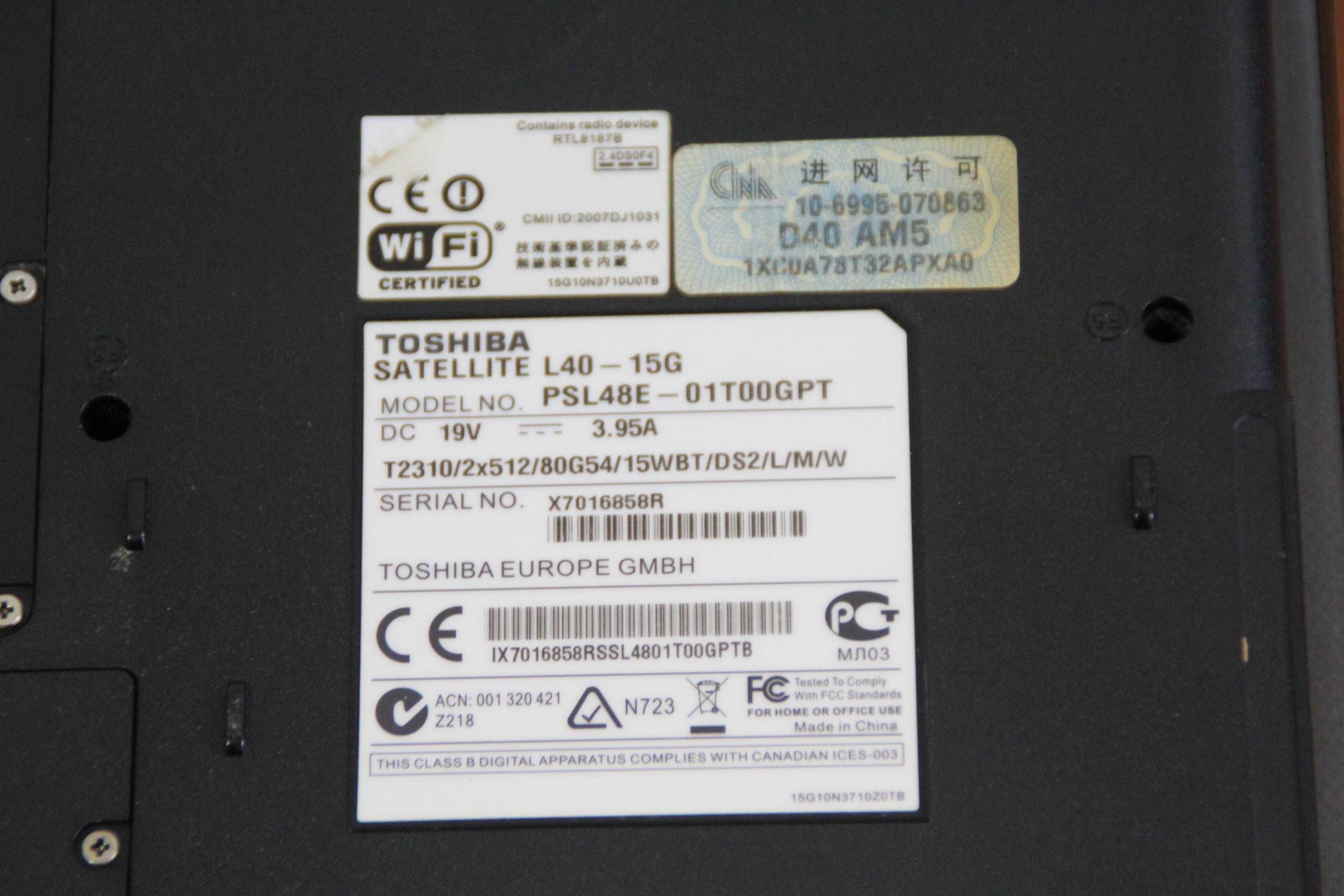Toshiba Satellite L40-15G. Pentium DC T2310 1.46, 2.5Гб, 80Гб, 15.4"