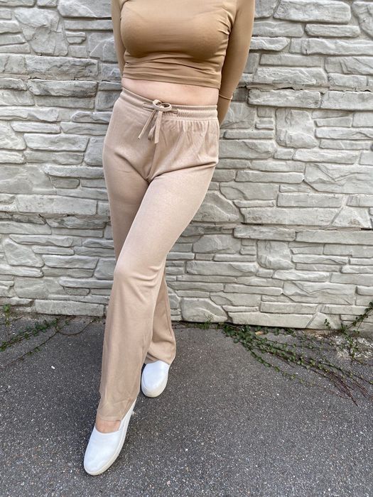 Штаны женские брюки широкие в рубчик бежевые палаццо